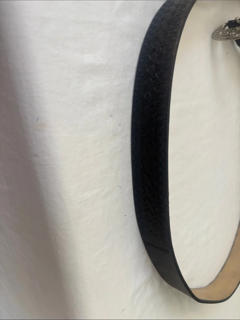 Black Woven Leather Belt with Silver Floral Buckle